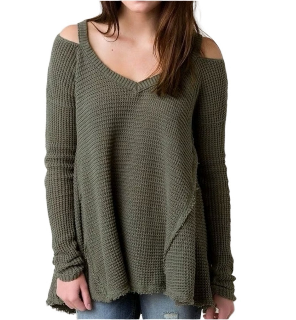 Free People Moonshine Cold Shoulder Waffle Knit Sweater Green Small